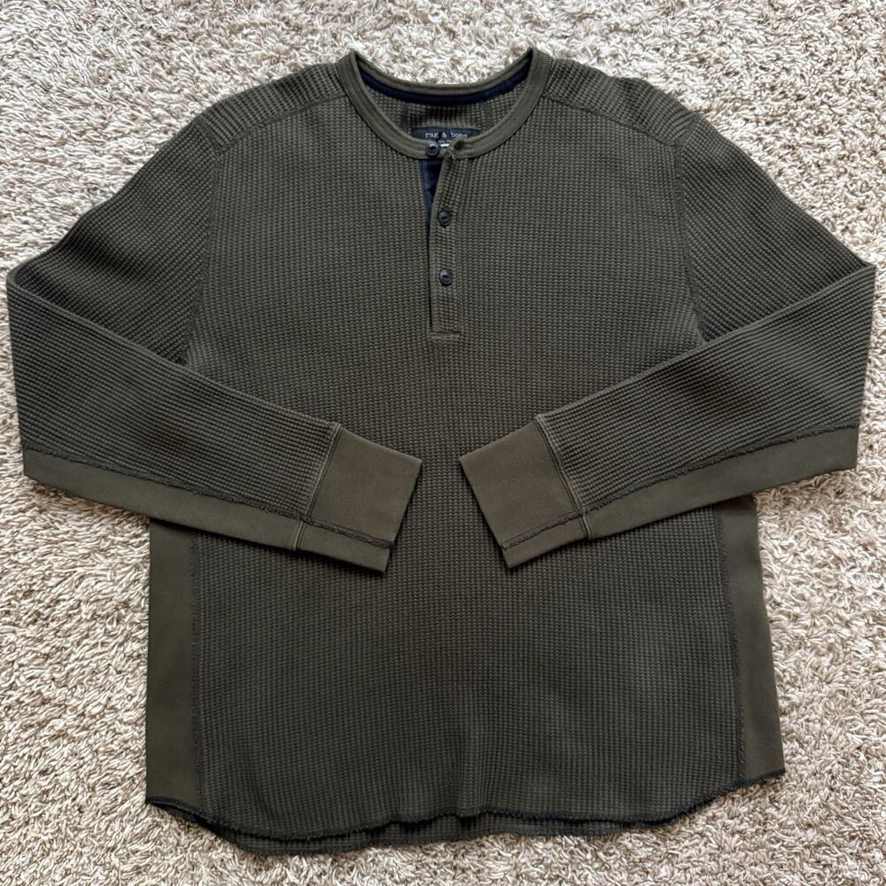 Rag & Bone Olive Green Waffle Knit Thermal Henley Long Sleeve Shirt Men Size XXL